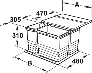 štiridelni set košev za odpadke, za Häfele Matrix Box P, 2 x 8 in 1 x 17 litrov/2 x 8 in 2 x 17 litrov