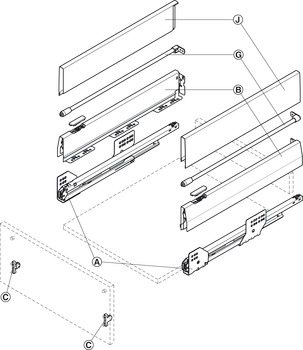 Garnitura izvleka z ličnico, Häfele Matrix Box P50, z nadgradnjo stranice, višina stranice 92 mm, nosilnost 50 kg
