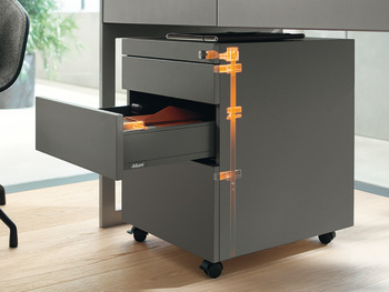 Locking unit, Blum Cabloxx Central locking system for drawer side runner systems and wooden drawers