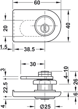 Glass door cam lock, With pin tumbler cylinder, backset 38.5 mm, customised standard profile