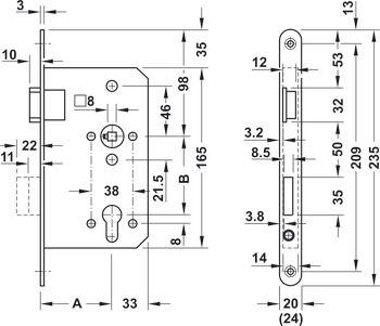 Mortise lock, for hinged doors, BMH, grade 3, profile cylinder