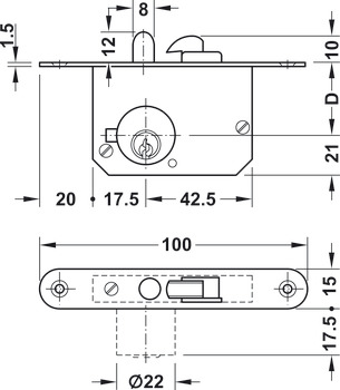Mortice lock case, Backset 25 mm, for sliding doors and tambour doors