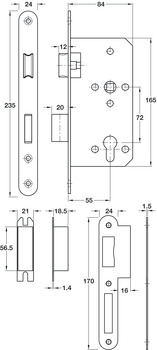 Mortise lock, for hinged doors, Startec, grade 3, profile cylinder, backset 55 mm