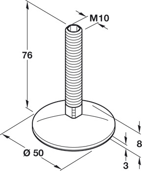 Adjusting screw, M10 thread, rotates, with stainless steel foot plate