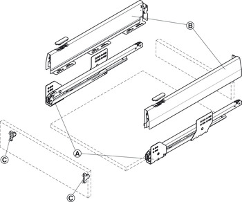 Drawer Side Runner Systems, Full extension, with integrated soft closing and self closing mechanisms