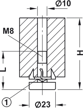 Adjusting screw, M8 thread, rigid, with wood mounting block