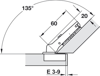 Concealed hinge, Häfele Duomatic 94°, for 45° corner applications, overlay