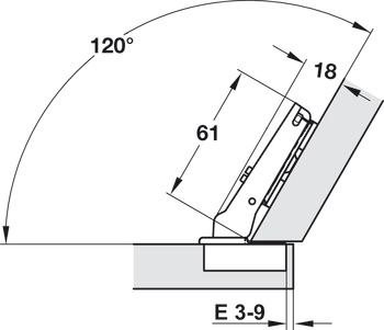Concealed hinge, Häfele Duomatic Plus 110°, for 30° corner application, overlay