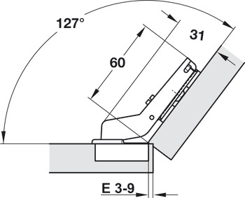 Concealed hinge, Häfele Metalla 510 A/SM 110°, for 37° corner application, half overlay