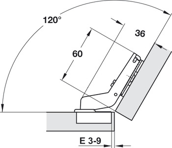 Concealed hinge, Häfele Metalla 510 A/SM 110°, for 30° corner application, half overlay