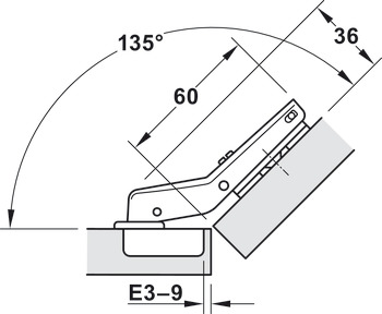 Concealed hinge, Häfele Metalla 510 SM 94°, for 45° corner application, half overlay