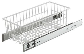 Base unit internal drawer box with railing, installation behind hinged doors, roller or ball bearing guided
