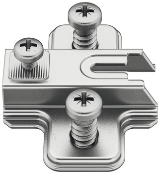 Cruciform mounting plate, Häfele Metalla 310 A, with slide-on system, height adjustment ±2 mm via slot, with pre-mounted Euro screws