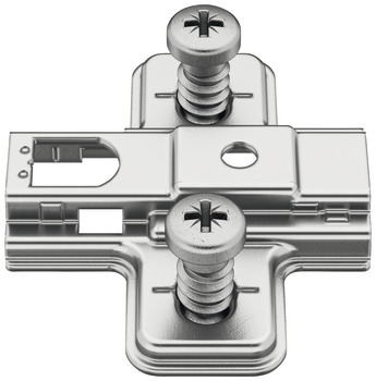 Cruciform mounting plate, Häfele Metalla 310 SM, with quick fixing system, height adjustment ±2 mm via slot, with pre-mounted Euro screws