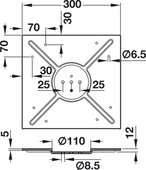 podnožna pločica, okrugli ili kvadratni, s pločom za pričvršćivanje, za promjer ploče stola do 900 mm