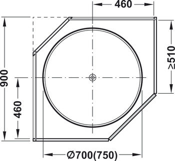 Kružni okretni okov, s okretnim policama, za dijagonalna vrata pod 45°