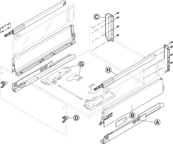 Garnitura prednjeg izvlakača, Blum Tandembox antaro, s vodilicom korpusa Blumotion / Tip-On Blumotion, Reling C, visina sustava M, visina ladice 83 mm