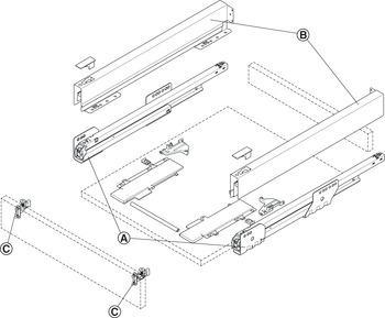 Garnitura ladice, Häfele Matrix Box P35, visina ladice 60 mm, nosivost 35 kg, s mekim zatvaranjem s opcijom otvaranja pritiskom (Push-to-Open)