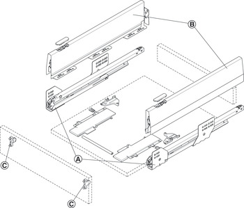 Garnitura ladice, Häfele Matrix Box P50, visina ladice 115 mm, nosivost 50 kg, s mekim zatvaranjem s opcijom otvaranja pritiskom (Push-to-Open)