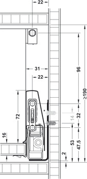 Garnitura prednjeg izvlakača, Häfele Matrix Box P50, s pravokutnim bočnim relingom, visina ladice 92 mm, nosivost 50 kg
