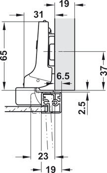 lončasti šarnir, Clip Top Blumotion 95°, polukrivi dosjed, za uske okvire