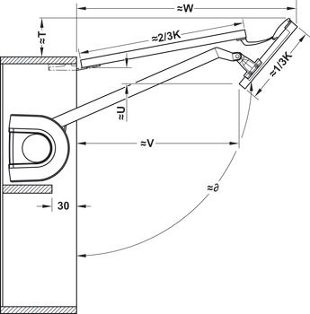 podizni okov, Häfele E-Senso+ (električan), za dvodijelna otklopna vrata s podjelom 2:1