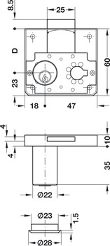 pribitna ključavnica z zapahom, s cilindričnim vložkom s klini, standardni profil, po naročilu, razdalja odmika trna od čelnice 37 mm