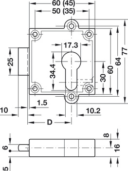 pribitna ključavnica z zapahom, PZ 60, razdalja odmika trna od čelnice 25 in 40 mm