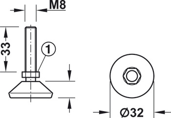 vijak za nastavljanje, navoj M8 ali M10, s krogličnim zglobom, z okroglim ploščatim podnožjem iz umetne mase