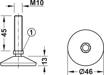vijak za nastavljanje, navoj M8 ali M10, s krogličnim zglobom, z okroglim ploščatim podnožjem iz umetne mase
