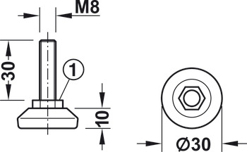 vijak za nastavljanje, navoj M8 ali M10, vrtljiv, z okroglim ploščatim podnožjem iz umetne mase