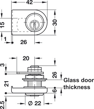 zapiralo z vzvodom za steklena vrata, s cilindričnim vložkom s klini, razdalja odmika trna od čelnice 26 mm, GK-/GGK-načrt zaklepanja po naročilu