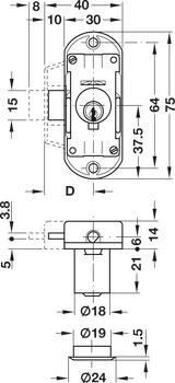 Ključavnica z vrtljivo palico, Häfele Piccolo-Nova, s cilindričnim vložkom s klini, GK-/GGK-načrt zaklepanja po naročilu