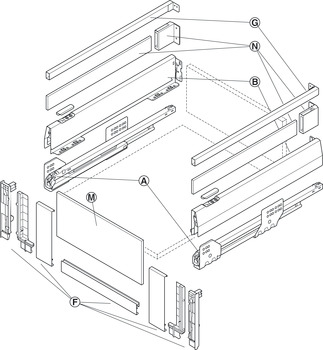 Garnitura notranjega izvleka, Häfele Matrix Box P50 VIS, z vstavkom zaslona spredaj, oglato vzdolžno prečko in nosilcem za stranski panel, višina stranice 92 mm, nosilnost 50 kg