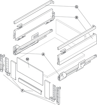 Garnitura notranjega izvleka, Häfele Matrix Box P35 VIS, z vstavkom zaslona spredaj in oglato vzdolžno prečko, višina stranice 115 mm, nosilnost 35 kg